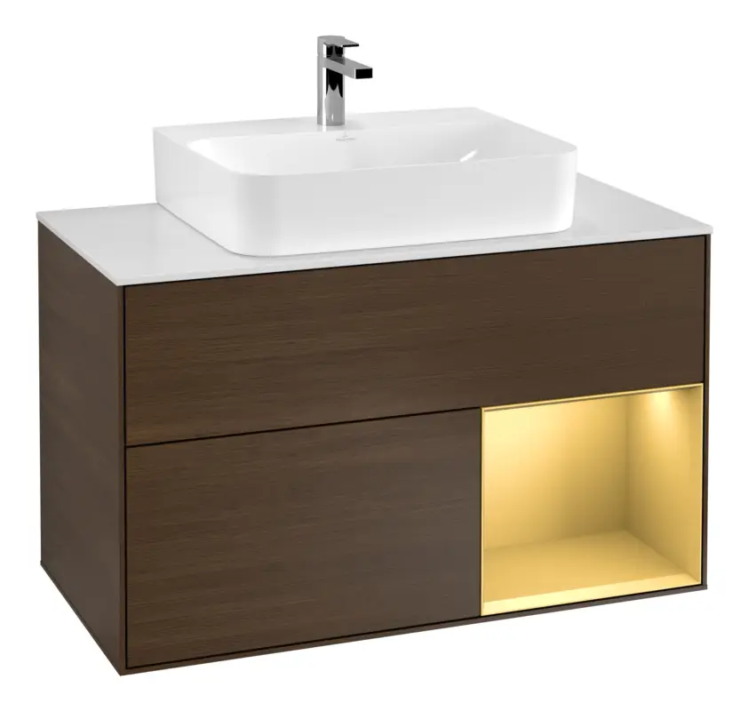 Sonderangebot Villeroy & Boch Finion Waschbeckenunterschrank für Becken mittig Regal rechts für Finion / Memento 2.0 2 Auszüge mit Beleuchtung (1x LED) 1000 x 603 x 501 mm - Walnut Veneer / Gold Matt Lacquer / Glass White Matt