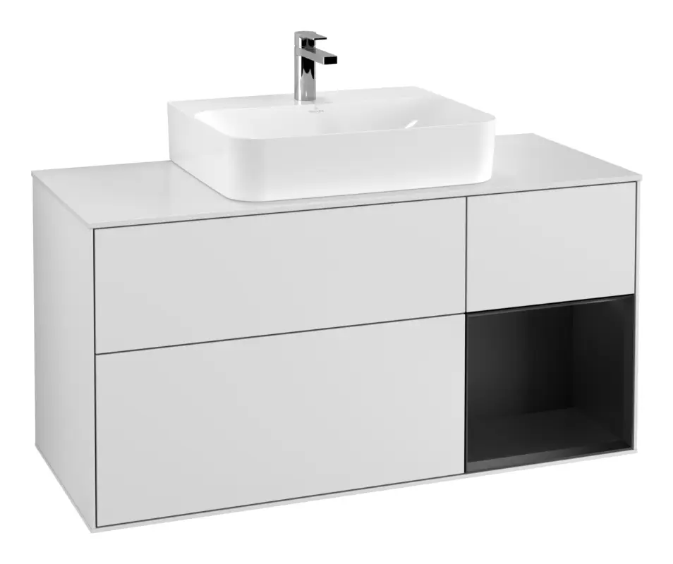 Versand Am Gleichen Tag Villeroy & Boch Finion Waschbeckenunterschrank für Becken mittig Regal rechts für Finion / Memento 2.0 3 Auszüge mit Beleuchtung (3x LED) 1200 x 603 x 501 mm - White Matt Lacquer / Black Matt Lacquer / Glass White Matt