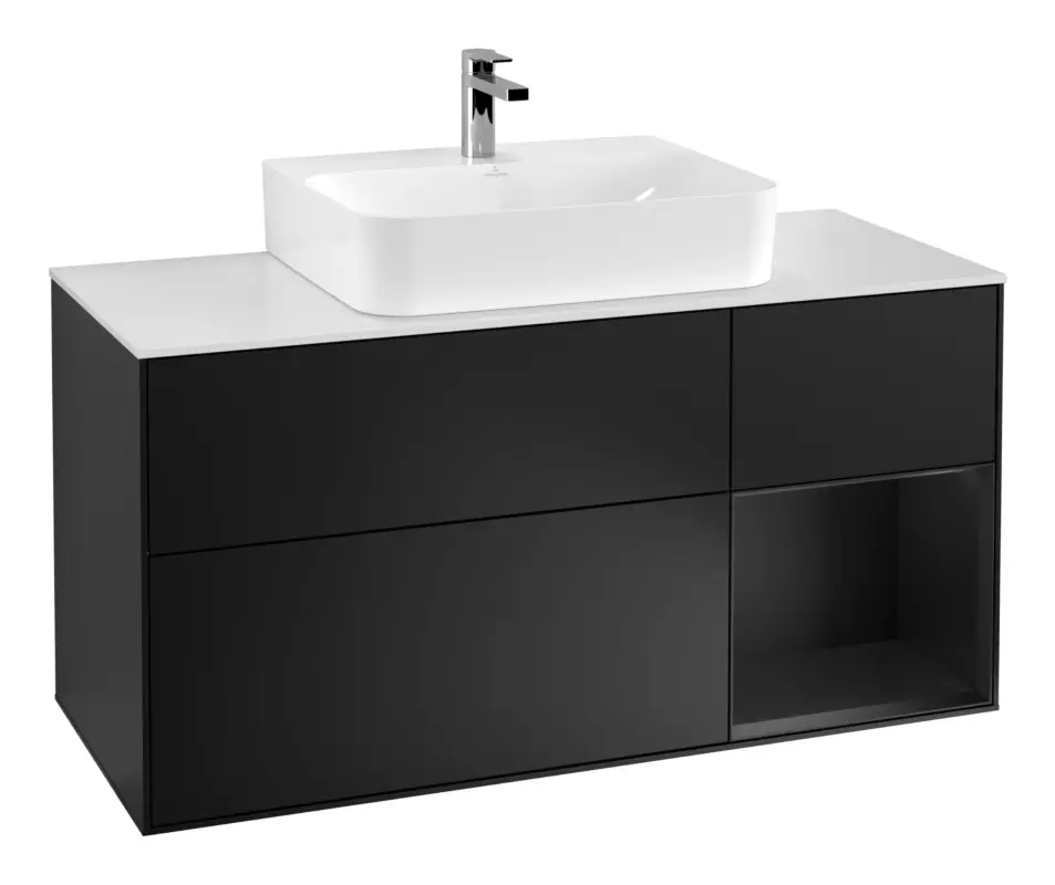 Villeroy & Boch Finion Waschbeckenunterschrank für Becken mittig Regal rechts für Finion / Memento 2.0 3 Auszüge mit Beleuchtung (3x LED) 1200 x 603 x 501 mm - Black Matt Lacquer / Glass White Matt Sonderangebot