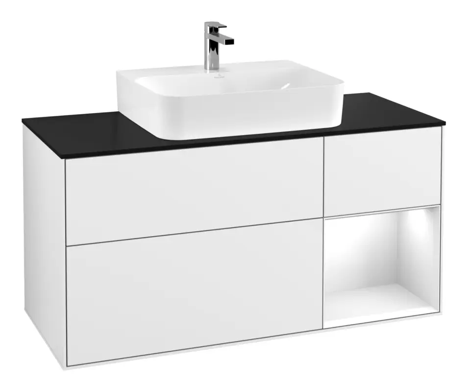 Villeroy & Boch Finion Waschbeckenunterschrank für Becken mittig Regal rechts für Finion / Memento 2.0 3 Auszüge mit Beleuchtung (3x LED) 1200 x 603 x 501 mm - Glossy White Lacquer / Glass Black Matt Top-Seller