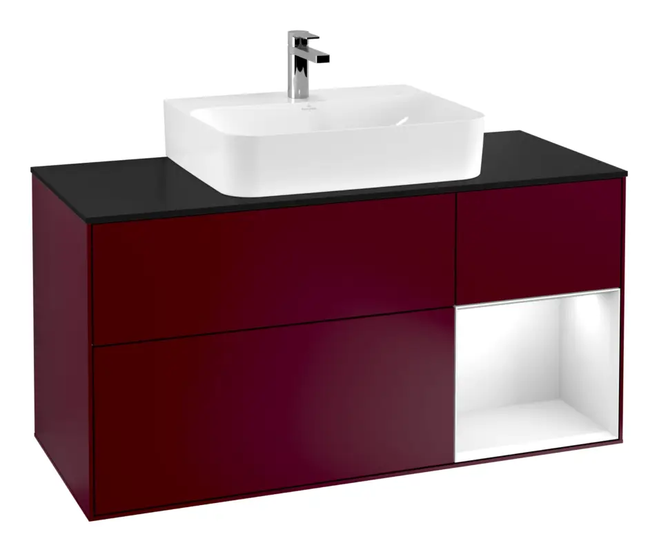 Villeroy & Boch Finion Waschbeckenunterschrank für Becken mittig Regal rechts für Finion / Memento 2.0 3 Auszüge mit Beleuchtung (3x LED) 1200 x 603 x 501 mm - Peony Matt Lacquer / Glossy White Lacquer / Glass Black Matt Sale
