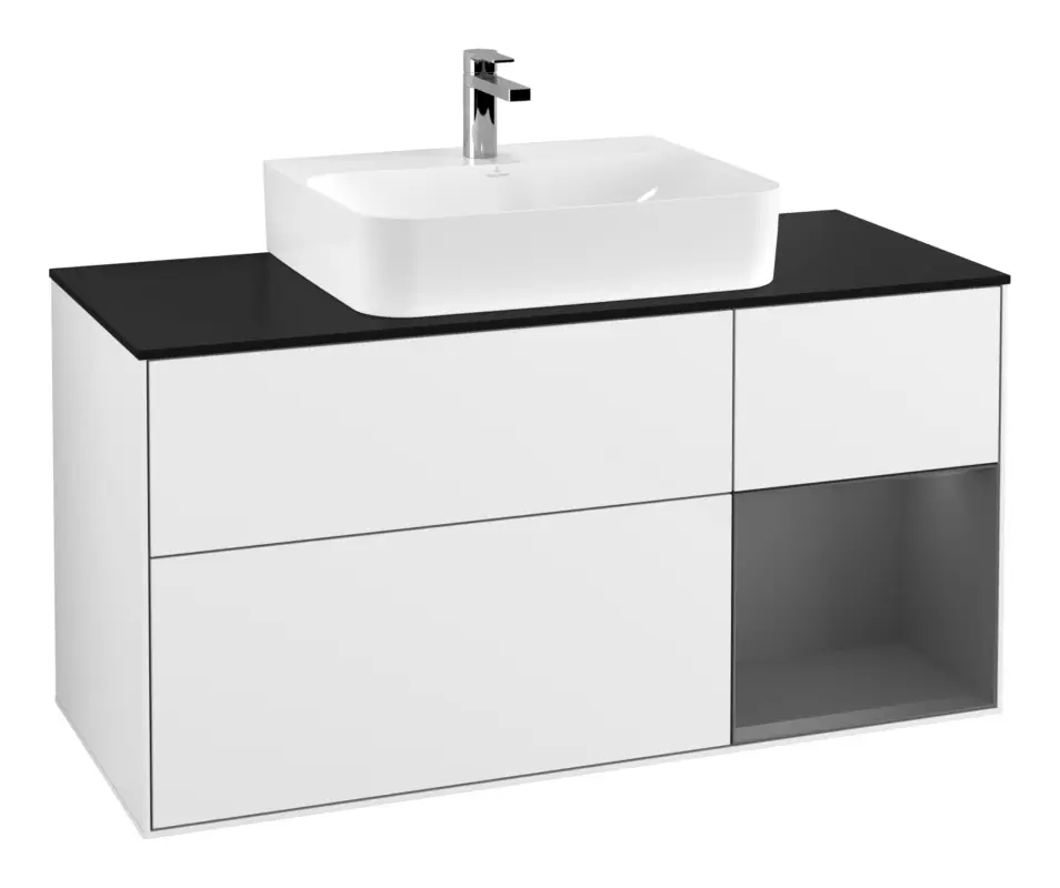 Villeroy & Boch Finion Waschbeckenunterschrank für Becken mittig Regal rechts für Finion / Memento 2.0 3 Auszüge mit Beleuchtung (3x LED) 1200 x 603 x 501 mm - Glossy White Lacquer / Anthracite Matt Lacquer / Glass Black Matt Bestseller