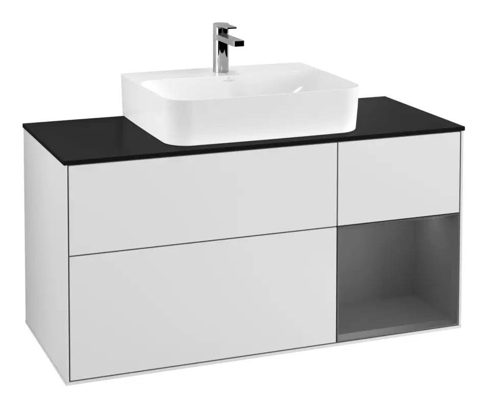 Meistverkauft Villeroy & Boch Finion Waschbeckenunterschrank für Becken mittig Regal rechts für Finion / Memento 2.0 3 Auszüge mit Beleuchtung (3x LED) 1200 x 603 x 501 mm - White Matt Lacquer / Anthracite Matt Lacquer / Glass Black Matt