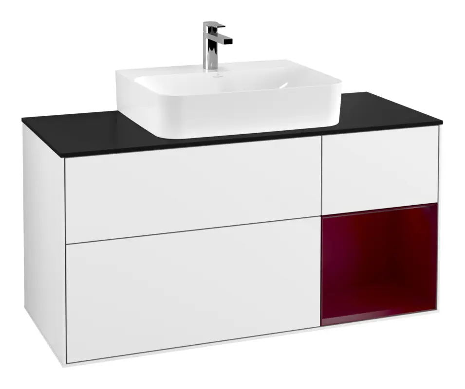 Schneller Versand Villeroy & Boch Finion Waschbeckenunterschrank für Becken mittig Regal rechts für Finion / Memento 2.0 3 Auszüge mit Beleuchtung (3x LED) 1200 x 603 x 501 mm - Glossy White Lacquer / Peony Matt Lacquer / Glass Black Matt