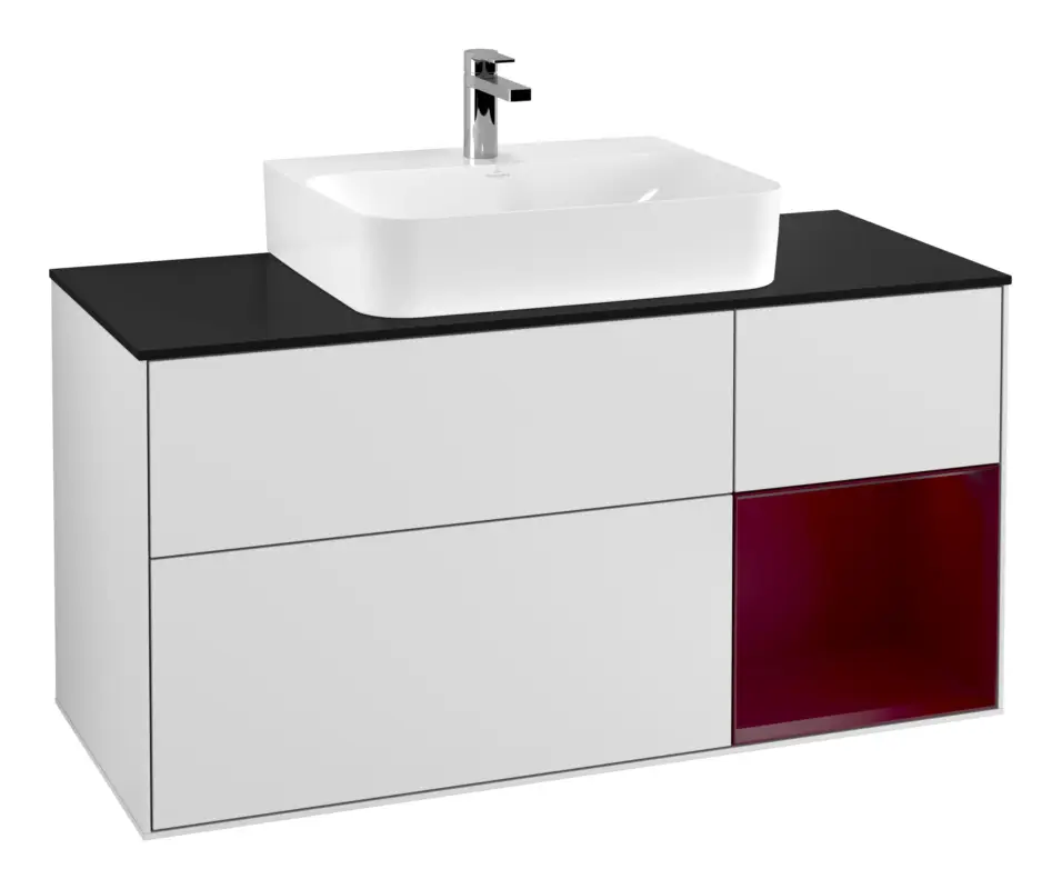 Villeroy & Boch Finion Waschbeckenunterschrank für Becken mittig Regal rechts für Finion / Memento 2.0 3 Auszüge mit Beleuchtung (3x LED) 1200 x 603 x 501 mm - White Matt Lacquer / Peony Matt Lacquer / Glass Black Matt Top-Seller