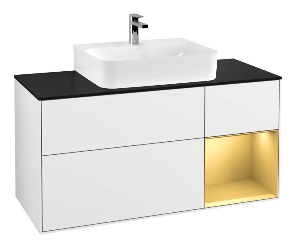 Villeroy & Boch Finion Waschbeckenunterschrank für Becken mittig Regal rechts für Finion / Memento 2.0 3 Auszüge mit Beleuchtung (3x LED) 1200 x 603 x 501 mm - Glossy White Lacquer / Gold Matt Lacquer / Glass Black Matt Mega-Angebot
