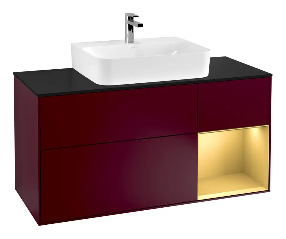 Villeroy & Boch Finion Waschbeckenunterschrank für Becken mittig Regal rechts für Finion / Memento 2.0 3 Auszüge mit Beleuchtung (3x LED) 1200 x 603 x 501 mm - Peony Matt Lacquer / Gold Matt Lacquer / Glass Black Matt Abverkauf