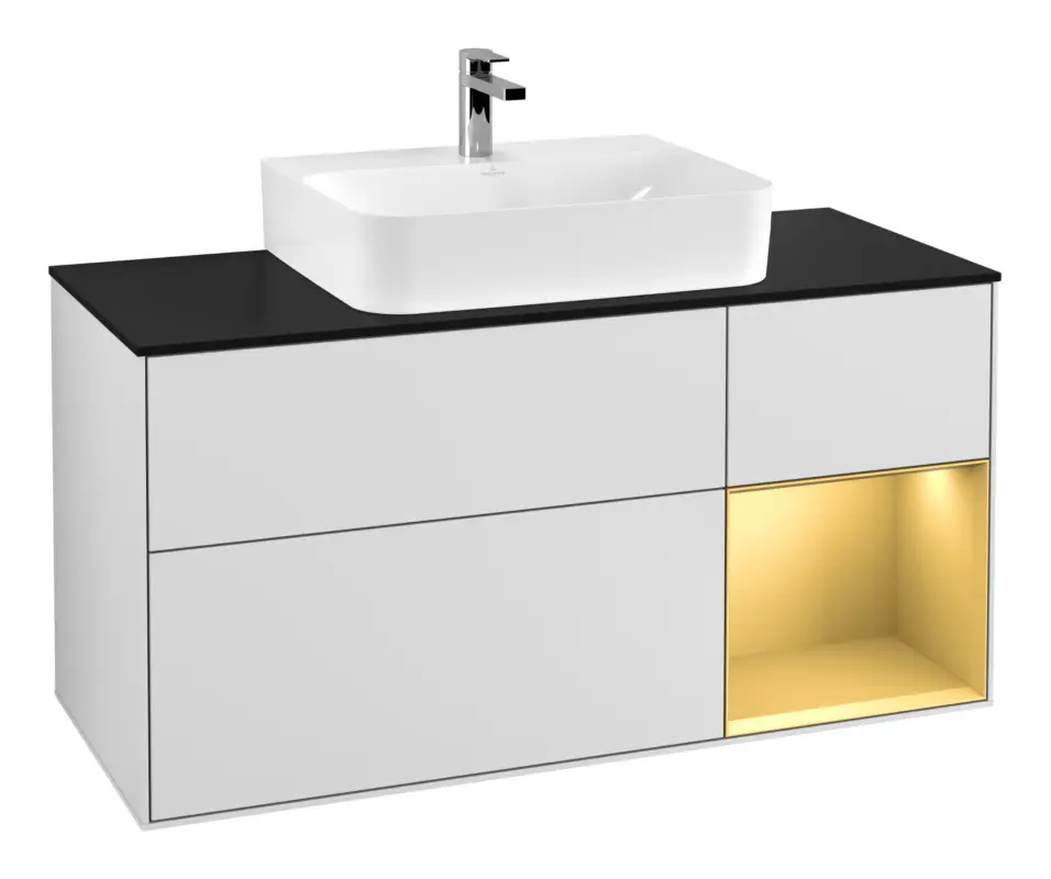 Versand Am Gleichen Tag Villeroy & Boch Finion Waschbeckenunterschrank für Becken mittig Regal rechts für Finion / Memento 2.0 3 Auszüge mit Beleuchtung (3x LED) 1200 x 603 x 501 mm - White Matt Lacquer / Gold Matt Lacquer / Glass Black Matt