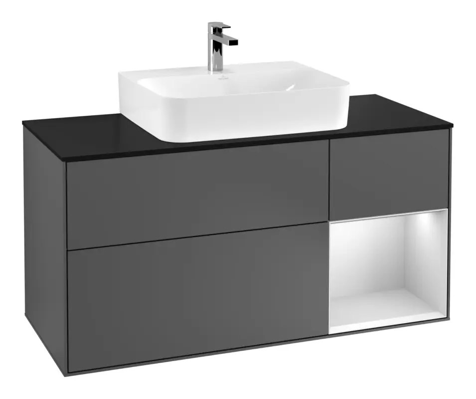 Ausverkauf Villeroy & Boch Finion Waschbeckenunterschrank für Becken mittig Regal rechts für Finion / Memento 2.0 3 Auszüge mit Beleuchtung (3x LED) 1200 x 603 x 501 mm - Anthracite Matt Lacquer / White Matt Lacquer / Glass Black Matt