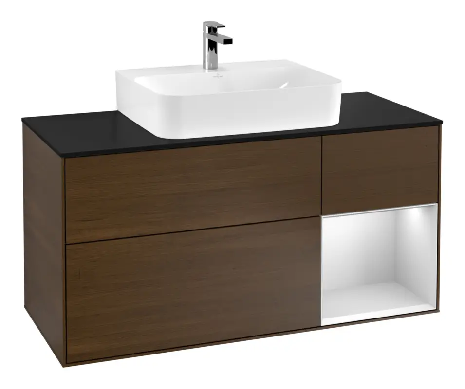 Direkt Vom Hersteller Villeroy & Boch Finion Waschbeckenunterschrank für Becken mittig Regal rechts für Finion / Memento 2.0 3 Auszüge mit Beleuchtung (3x LED) 1200 x 603 x 501 mm - Walnut Veneer / White Matt Lacquer / Glass Black Matt