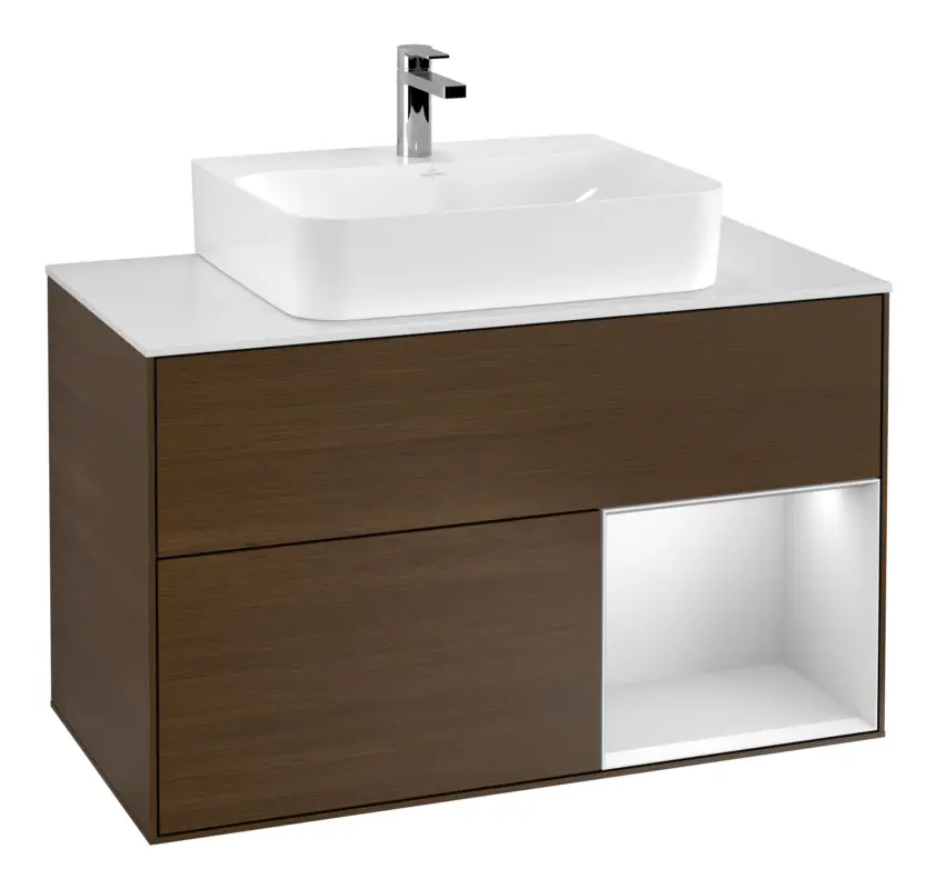 Must-Have Villeroy & Boch Finion Waschbeckenunterschrank für Becken mittig Regal rechts für Finion / Memento 2.0 2 Auszüge mit Beleuchtung (1x LED) 1000 x 603 x 501 mm - Walnut Veneer / White Matt Lacquer / Glass White Matt