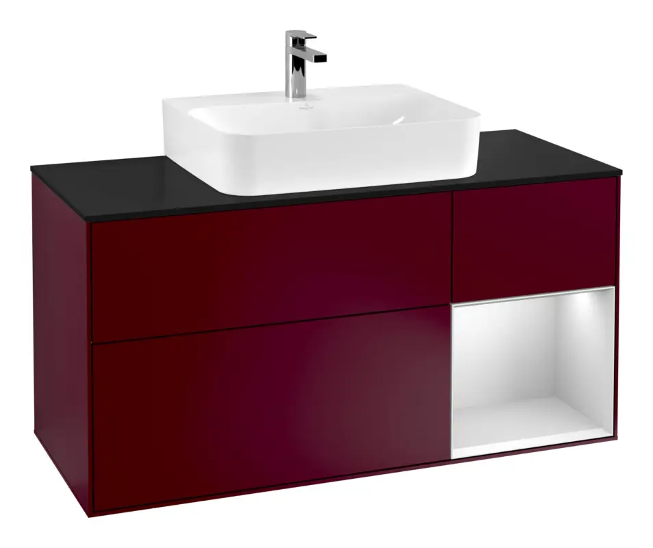 Sonderangebot Villeroy & Boch Finion Waschbeckenunterschrank für Becken mittig Regal rechts für Finion / Memento 2.0 3 Auszüge mit Beleuchtung (3x LED) 1200 x 603 x 501 mm - Peony Matt Lacquer / White Matt Lacquer / Glass Black Matt
