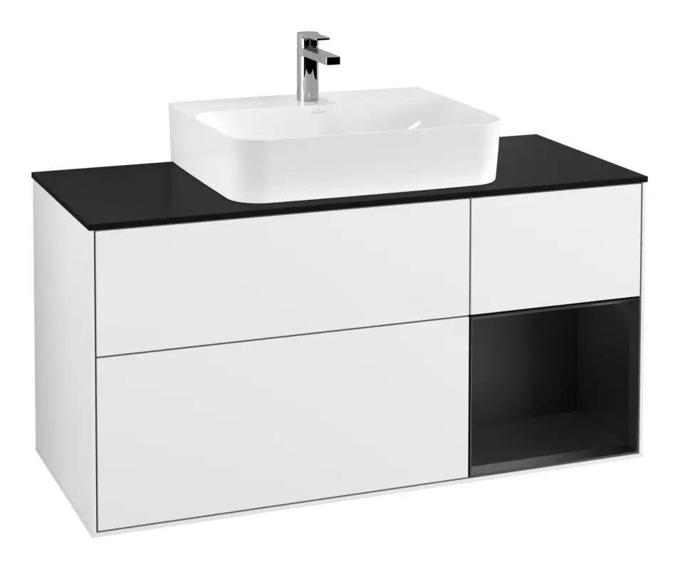 Online Kaufen Villeroy & Boch Finion Waschbeckenunterschrank für Becken mittig Regal rechts für Finion / Memento 2.0 3 Auszüge mit Beleuchtung (3x LED) 1200 x 603 x 501 mm - Glossy White Lacquer / Black Matt Lacquer / Glass Black Matt