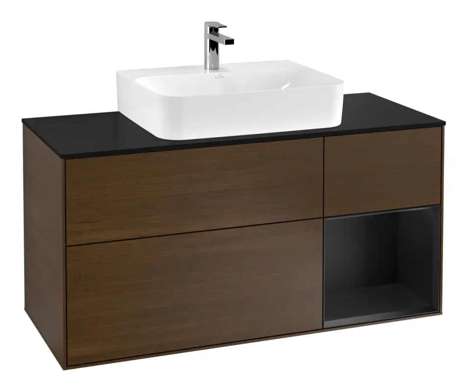 Villeroy & Boch Finion Waschbeckenunterschrank für Becken mittig Regal rechts für Finion / Memento 2.0 3 Auszüge mit Beleuchtung (3x LED) 1200 x 603 x 501 mm - Walnut Veneer / Black Matt Lacquer / Glass Black Matt Ausverkauf