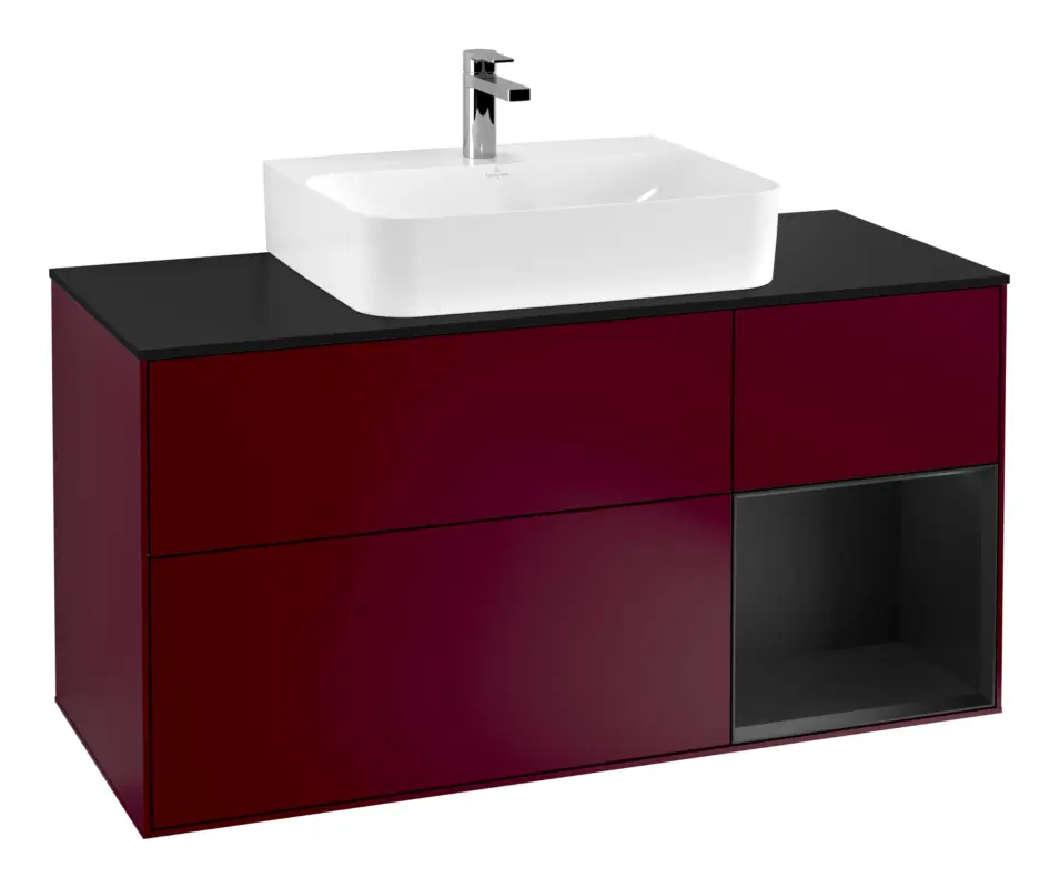 Preiswert Villeroy & Boch Finion Waschbeckenunterschrank für Becken mittig Regal rechts für Finion / Memento 2.0 3 Auszüge mit Beleuchtung (3x LED) 1200 x 603 x 501 mm - Peony Matt Lacquer / Black Matt Lacquer / Glass Black Matt