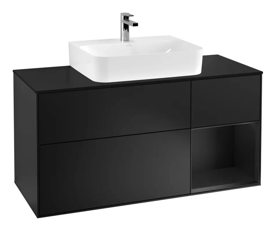 Villeroy & Boch Finion Waschbeckenunterschrank für Becken mittig Regal rechts für Finion / Memento 2.0 3 Auszüge mit Beleuchtung (3x LED) 1200 x 603 x 501 mm - Black Matt Lacquer / Glass Black Matt Neue Ware
