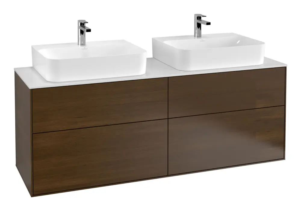 Villeroy & Boch Finion Waschbeckenunterschrank für 2 Becken für Finion / Memento 2.0 4 Auszüge mit Beleuchtung (2x LED) 1600 x 603 x 501 mm - Walnut Veneer / Glass White Matt Zertifiziert