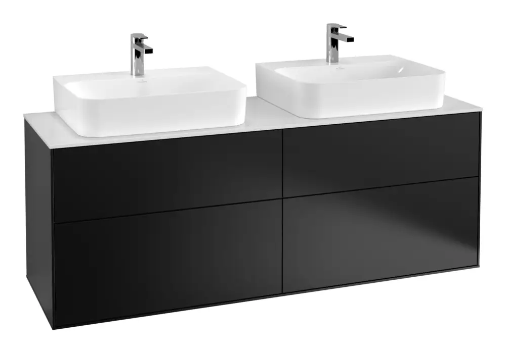 Schnäppchen Villeroy & Boch Finion Waschbeckenunterschrank für 2 Becken für Finion / Memento 2.0 4 Auszüge mit Beleuchtung (2x LED) 1600 x 603 x 501 mm - Black Matt Lacquer / Glass White Matt