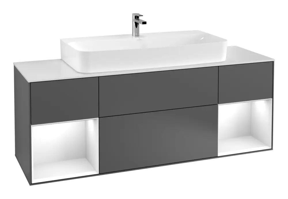 Echt Villeroy & Boch Finion Waschbeckenunterschrank für Becken mittig Regal links/rechts für Finion / Memento 2.0 4 Auszüge mit Beleuchtung (4x LED) 1600 x 603 x 501 mm - Anthracite Matt Lacquer / Glossy White Lacquer / Glass White Matt