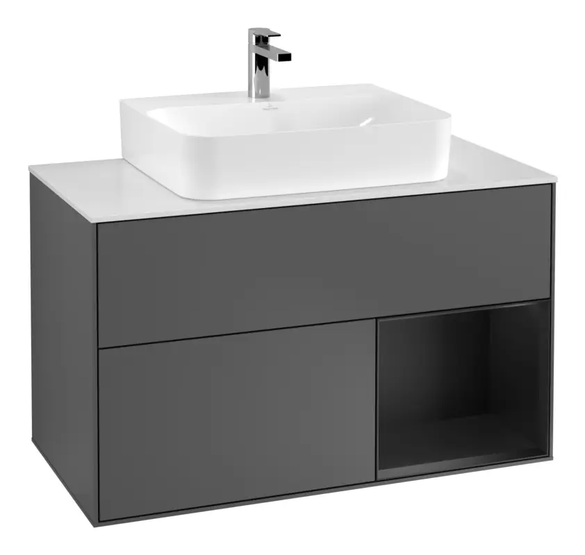 Villeroy & Boch Finion Waschbeckenunterschrank für Becken mittig Regal rechts für Finion / Memento 2.0 2 Auszüge mit Beleuchtung (1x LED) 1000 x 603 x 501 mm - Anthracite Matt Lacquer / Black Matt Lacquer / Glass White Matt Highlight