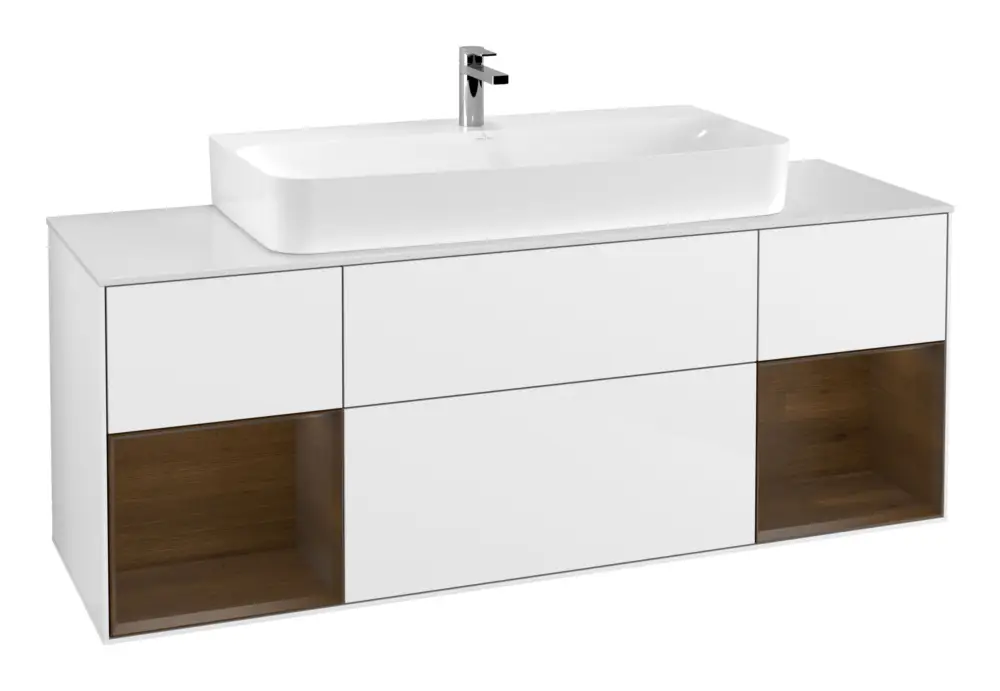 Villeroy & Boch Finion Waschbeckenunterschrank für Becken mittig Regal links/rechts für Finion / Memento 2.0 4 Auszüge mit Beleuchtung (4x LED) 1600 x 603 x 501 mm - Glossy White Lacquer / Walnut Veneer / Glass White Matt Direkt Vom Hersteller