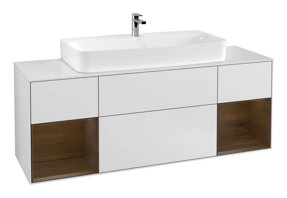 Villeroy & Boch Finion Waschbeckenunterschrank für Becken mittig Regal links/rechts für Finion / Memento 2.0 4 Auszüge mit Beleuchtung (4x LED) 1600 x 603 x 501 mm - White Matt Lacquer / Walnut Veneer / Glass White Matt Bestpreis