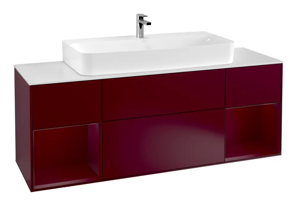 Villeroy & Boch Finion Waschbeckenunterschrank für Becken mittig Regal links/rechts für Finion / Memento 2.0 4 Auszüge mit Beleuchtung (4x LED) 1600 x 603 x 501 mm - Peony Matt Lacquer / Glass White Matt Direktkauf