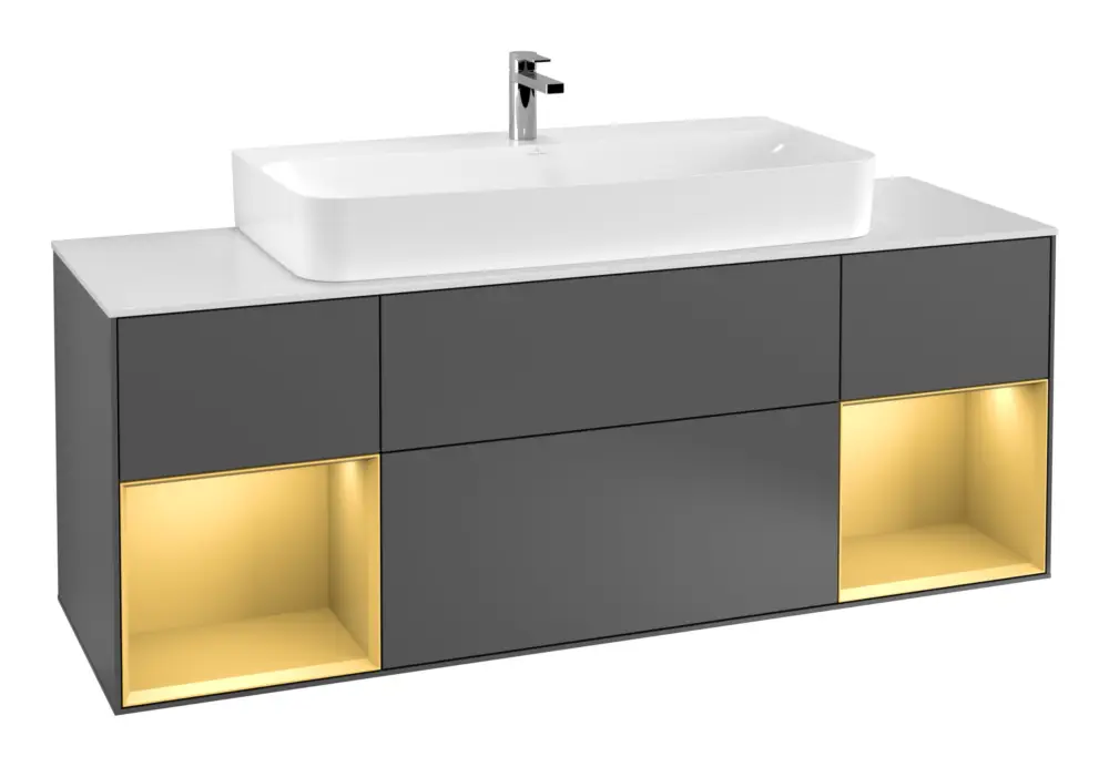 Jetzt Bestellen Villeroy & Boch Finion Waschbeckenunterschrank für Becken mittig Regal links/rechts für Finion / Memento 2.0 4 Auszüge mit Beleuchtung (4x LED) 1600 x 603 x 501 mm - Anthracite Matt Lacquer / Gold Matt Lacquer / Glass White Matt