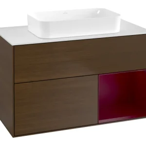 Sichere Zahlung Villeroy & Boch Finion Waschbeckenunterschrank für Becken mittig Regal rechts für Finion 2 Auszüge mit Beleuchtung (1x LED) ohne Hahnloch 1000 x 603 x 501 mm - Walnut Veneer / Peony Matt Lacquer / Glass White Matt