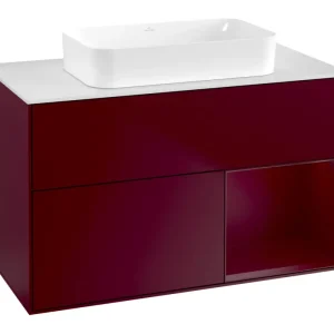 Villeroy & Boch Finion Waschbeckenunterschrank für Becken mittig Regal rechts für Finion 2 Auszüge mit Beleuchtung (1x LED) ohne Hahnloch 1000 x 603 x 501 mm - Peony Matt Lacquer / Glass White Matt Top-Preis