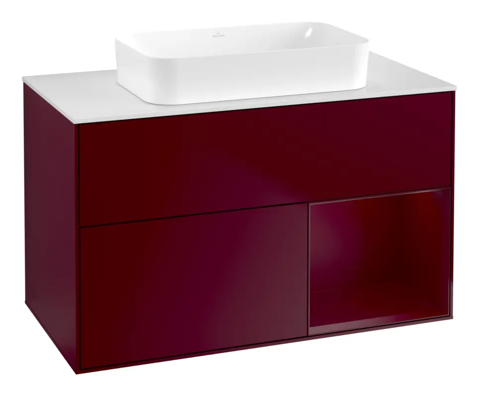 Villeroy & Boch Finion Waschbeckenunterschrank für Becken mittig Regal rechts für Finion 2 Auszüge mit Beleuchtung (1x LED) ohne Hahnloch 1000 x 603 x 501 mm - Peony Matt Lacquer / Glass White Matt Top-Preis