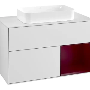 Villeroy & Boch Finion Waschbeckenunterschrank für Becken mittig Regal rechts für Finion 2 Auszüge mit Beleuchtung (1x LED) ohne Hahnloch 1000 x 603 x 501 mm - White Matt Lacquer / Peony Matt Lacquer / Glass White Matt Echt