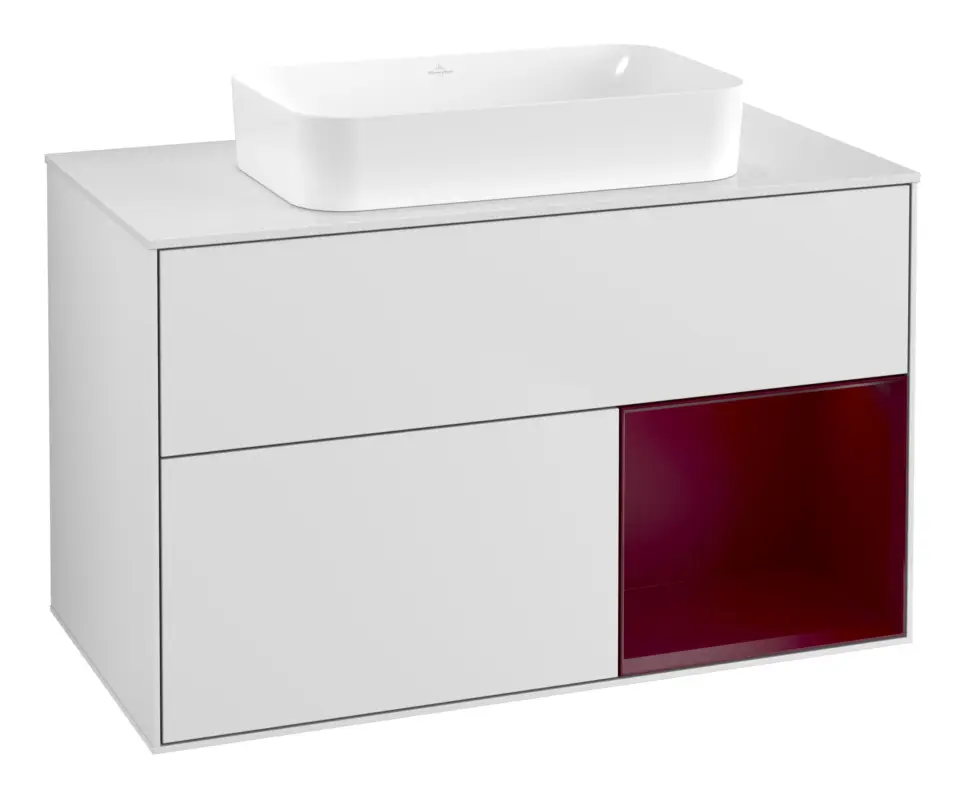 Villeroy & Boch Finion Waschbeckenunterschrank für Becken mittig Regal rechts für Finion 2 Auszüge mit Beleuchtung (1x LED) ohne Hahnloch 1000 x 603 x 501 mm - White Matt Lacquer / Peony Matt Lacquer / Glass White Matt Echt