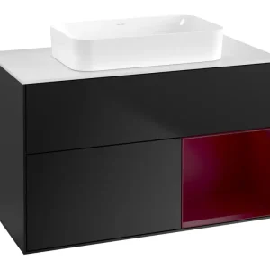 Villeroy & Boch Finion Waschbeckenunterschrank für Becken mittig Regal rechts für Finion 2 Auszüge mit Beleuchtung (1x LED) ohne Hahnloch 1000 x 603 x 501 mm - Black Matt Lacquer / Peony Matt Lacquer / Glass White Matt Schnäppchen