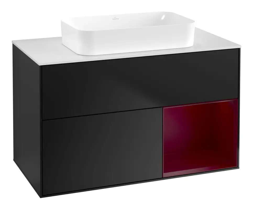 Villeroy & Boch Finion Waschbeckenunterschrank für Becken mittig Regal rechts für Finion 2 Auszüge mit Beleuchtung (1x LED) ohne Hahnloch 1000 x 603 x 501 mm - Black Matt Lacquer / Peony Matt Lacquer / Glass White Matt Schnäppchen