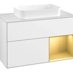 Geprüft Villeroy & Boch Finion Waschbeckenunterschrank für Becken mittig Regal rechts für Finion 2 Auszüge mit Beleuchtung (1x LED) ohne Hahnloch 1000 x 603 x 501 mm - Glossy White Lacquer / Gold Matt Lacquer / Glass White Matt