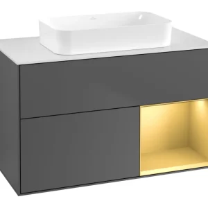 Villeroy & Boch Finion Waschbeckenunterschrank für Becken mittig Regal rechts für Finion 2 Auszüge mit Beleuchtung (1x LED) ohne Hahnloch 1000 x 603 x 501 mm - Anthracite Matt Lacquer / Gold Matt Lacquer / Glass White Matt Top-Angebot