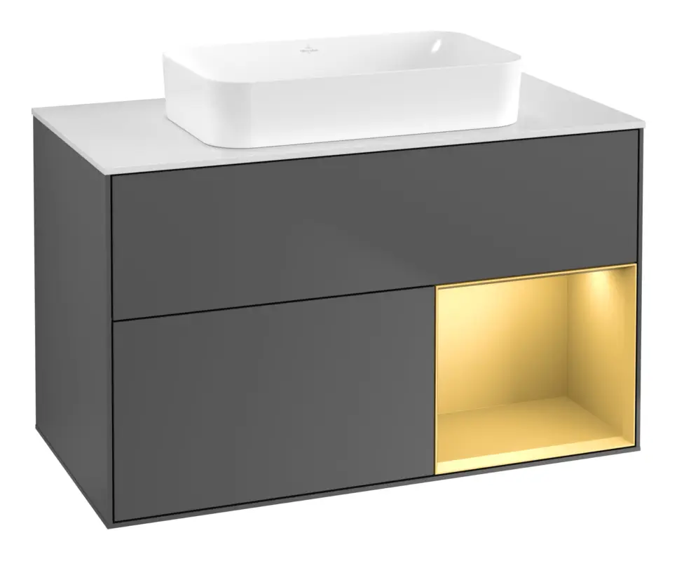 Villeroy & Boch Finion Waschbeckenunterschrank für Becken mittig Regal rechts für Finion 2 Auszüge mit Beleuchtung (1x LED) ohne Hahnloch 1000 x 603 x 501 mm - Anthracite Matt Lacquer / Gold Matt Lacquer / Glass White Matt Top-Angebot