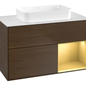 Schnäppchen Villeroy & Boch Finion Waschbeckenunterschrank für Becken mittig Regal rechts für Finion 2 Auszüge mit Beleuchtung (1x LED) ohne Hahnloch 1000 x 603 x 501 mm - Walnut Veneer / Gold Matt Lacquer / Glass White Matt