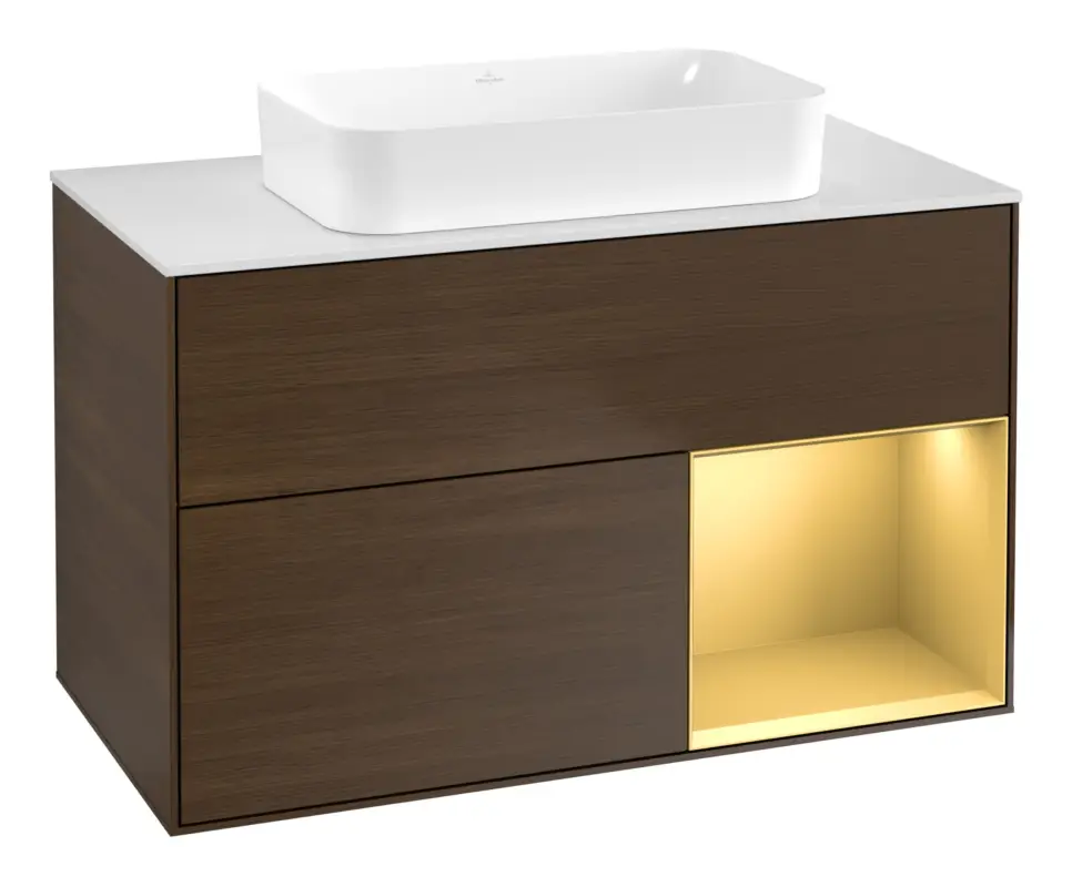 Schnäppchen Villeroy & Boch Finion Waschbeckenunterschrank für Becken mittig Regal rechts für Finion 2 Auszüge mit Beleuchtung (1x LED) ohne Hahnloch 1000 x 603 x 501 mm - Walnut Veneer / Gold Matt Lacquer / Glass White Matt
