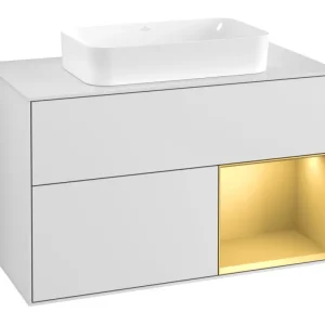 Villeroy & Boch Finion Waschbeckenunterschrank für Becken mittig Regal rechts für Finion 2 Auszüge mit Beleuchtung (1x LED) ohne Hahnloch 1000 x 603 x 501 mm - White Matt Lacquer / Gold Matt Lacquer / Glass White Matt Begrenztes Angebot