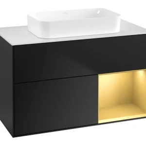 Rabatt Villeroy & Boch Finion Waschbeckenunterschrank für Becken mittig Regal rechts für Finion 2 Auszüge mit Beleuchtung (1x LED) ohne Hahnloch 1000 x 603 x 501 mm - Black Matt Lacquer / Gold Matt Lacquer / Glass White Matt