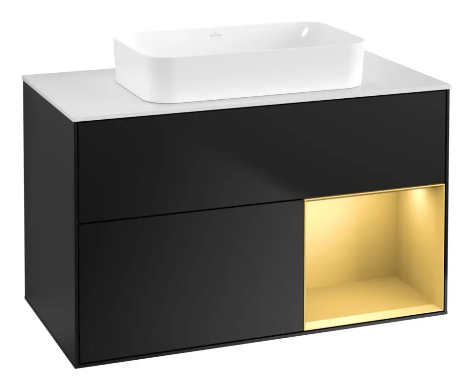 Rabatt Villeroy & Boch Finion Waschbeckenunterschrank für Becken mittig Regal rechts für Finion 2 Auszüge mit Beleuchtung (1x LED) ohne Hahnloch 1000 x 603 x 501 mm - Black Matt Lacquer / Gold Matt Lacquer / Glass White Matt