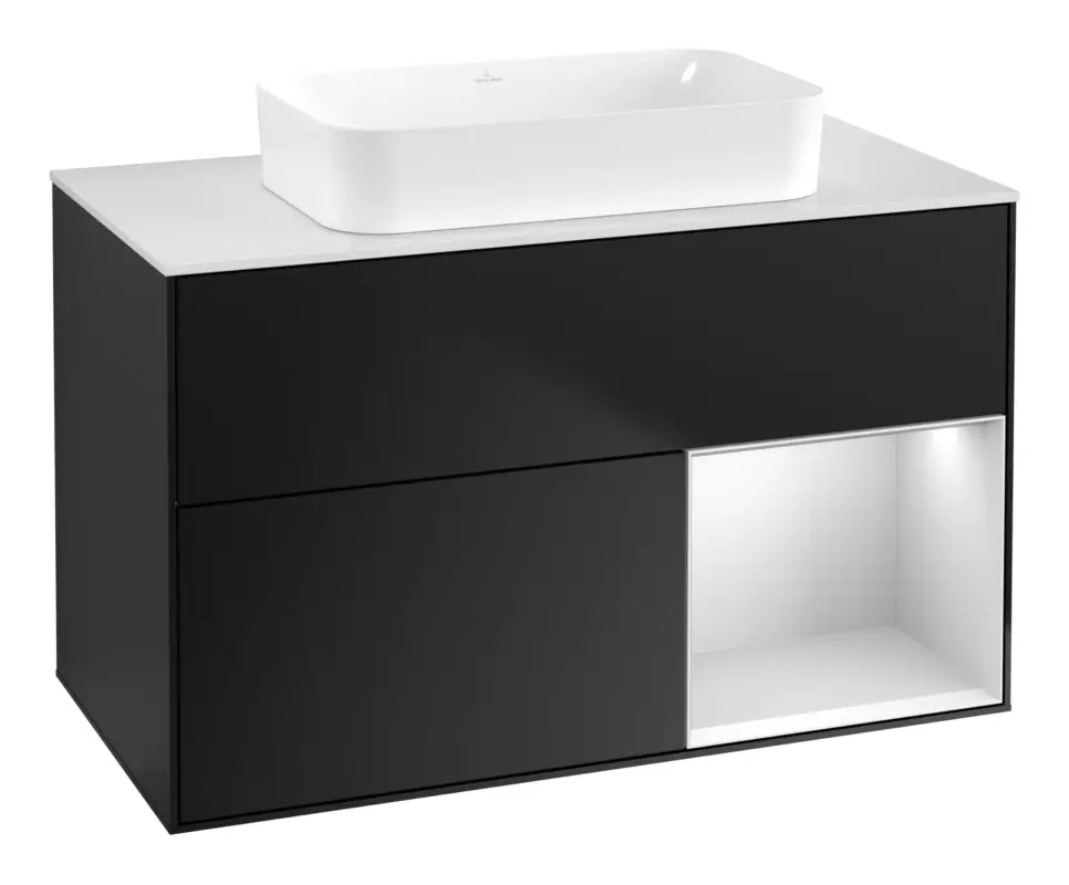 Villeroy & Boch Finion Waschbeckenunterschrank für Becken mittig Regal rechts für Finion 2 Auszüge mit Beleuchtung (1x LED) ohne Hahnloch 1000 x 603 x 501 mm - Black Matt Lacquer / White Matt Lacquer / Glass White Matt Preisknaller