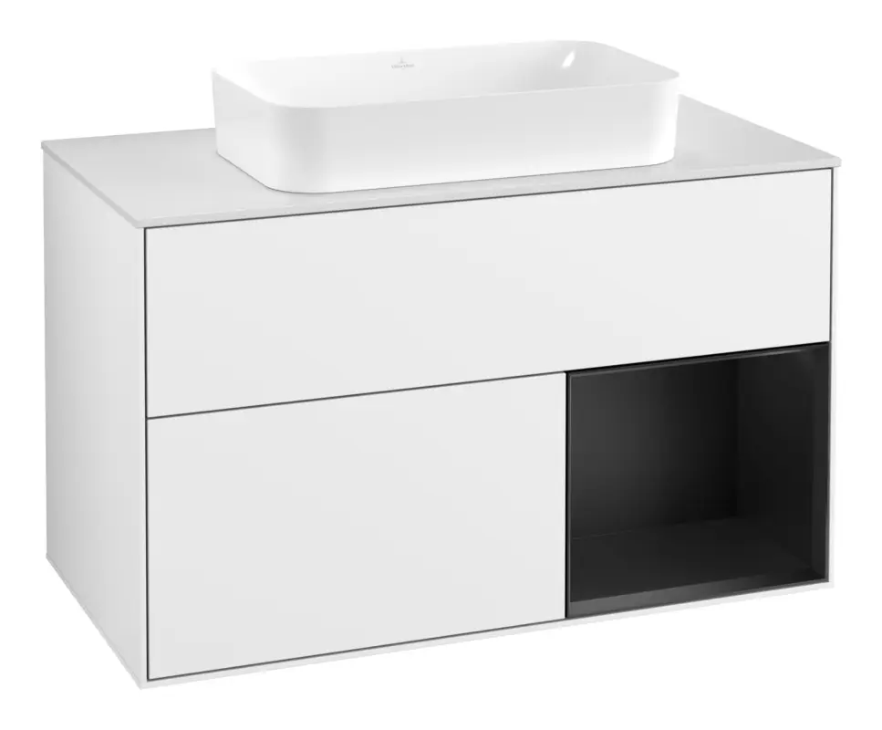 Villeroy & Boch Finion Waschbeckenunterschrank für Becken mittig Regal rechts für Finion 2 Auszüge mit Beleuchtung (1x LED) ohne Hahnloch 1000 x 603 x 501 mm - Glossy White Lacquer / Black Matt Lacquer / Glass White Matt Expressversand