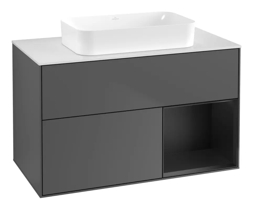 Villeroy & Boch Finion Waschbeckenunterschrank für Becken mittig Regal rechts für Finion 2 Auszüge mit Beleuchtung (1x LED) ohne Hahnloch 1000 x 603 x 501 mm - Anthracite Matt Lacquer / Black Matt Lacquer / Glass White Matt Solange Der Vorrat Reicht