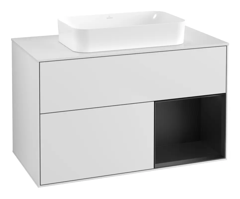 Geprüft Villeroy & Boch Finion Waschbeckenunterschrank für Becken mittig Regal rechts für Finion 2 Auszüge mit Beleuchtung (1x LED) ohne Hahnloch 1000 x 603 x 501 mm - White Matt Lacquer / Black Matt Lacquer / Glass White Matt