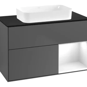 Wochenendangebot Villeroy & Boch Finion Waschbeckenunterschrank für Becken mittig Regal rechts für Finion 2 Auszüge mit Beleuchtung (1x LED) ohne Hahnloch 1000 x 603 x 501 mm - Anthracite Matt Lacquer / Glossy White Lacquer / Glass Black Matt
