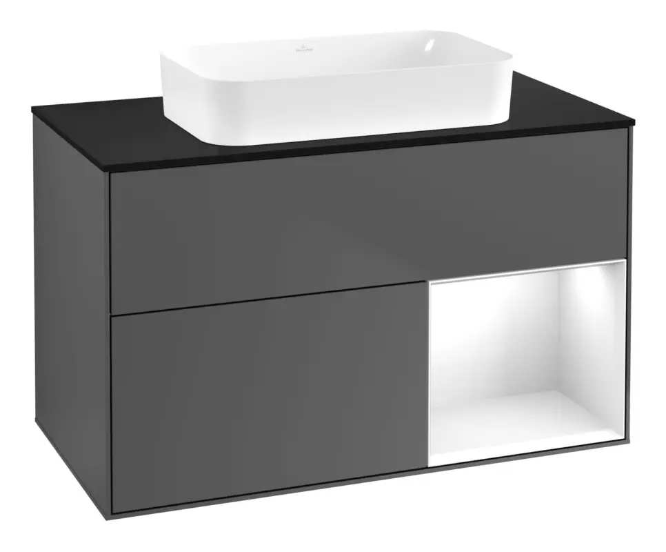 Wochenendangebot Villeroy & Boch Finion Waschbeckenunterschrank für Becken mittig Regal rechts für Finion 2 Auszüge mit Beleuchtung (1x LED) ohne Hahnloch 1000 x 603 x 501 mm - Anthracite Matt Lacquer / Glossy White Lacquer / Glass Black Matt