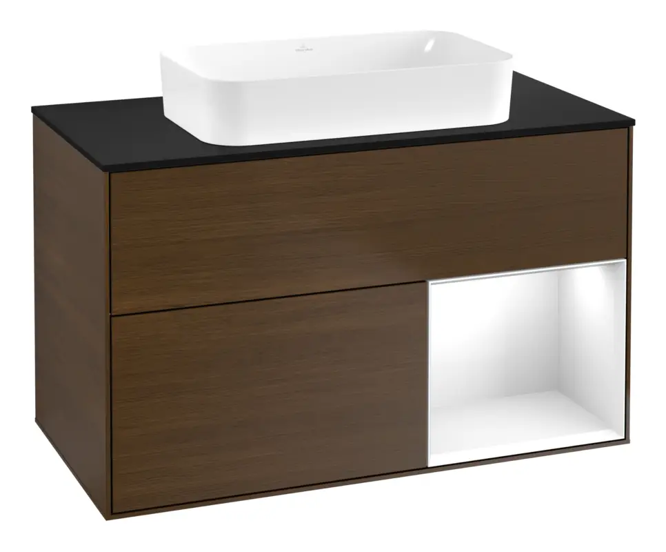Top-Seller Villeroy & Boch Finion Waschbeckenunterschrank für Becken mittig Regal rechts für Finion 2 Auszüge mit Beleuchtung (1x LED) ohne Hahnloch 1000 x 603 x 501 mm - Walnut Veneer / Glossy White Lacquer / Glass Black Matt